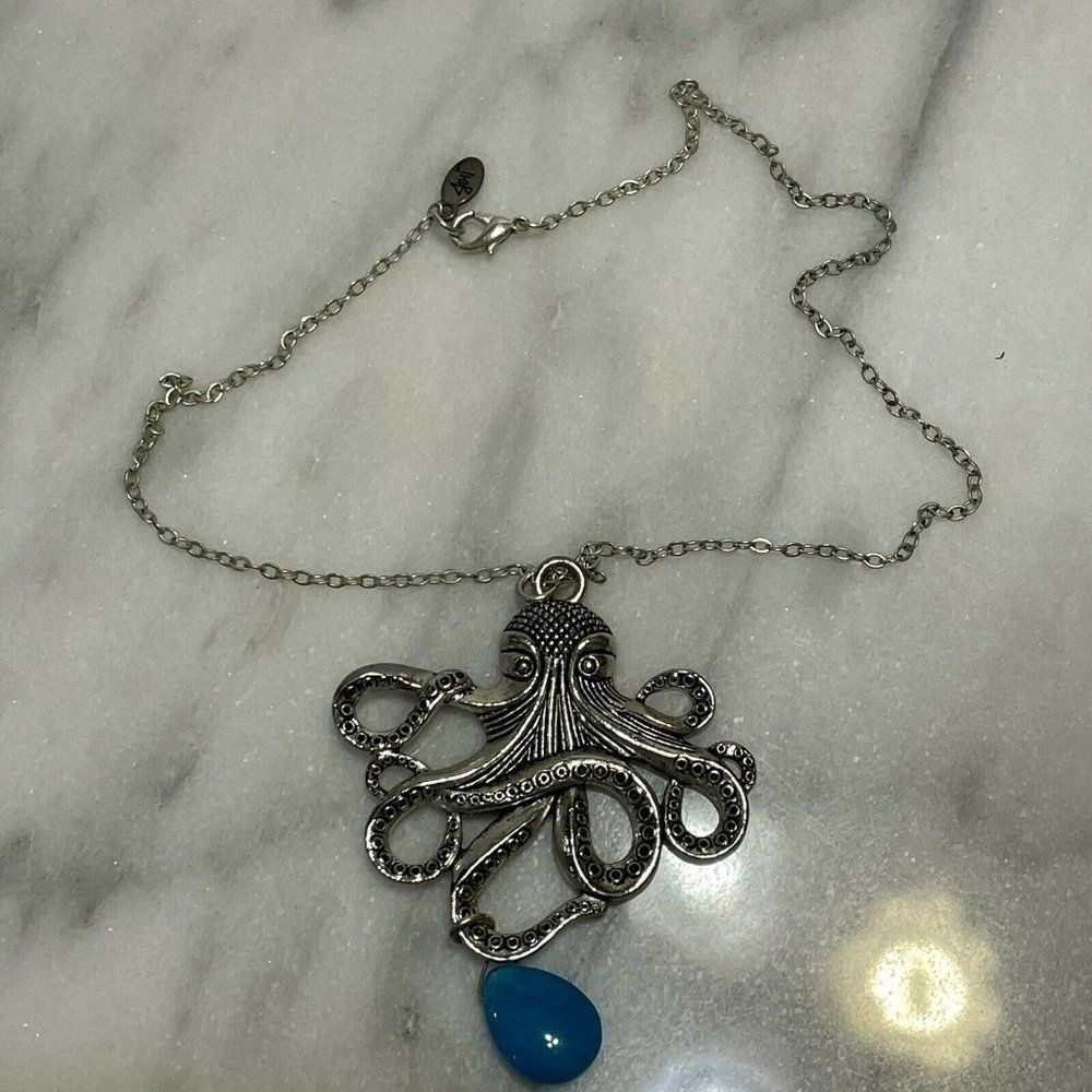 jami silver tone octopus blue stone necklace